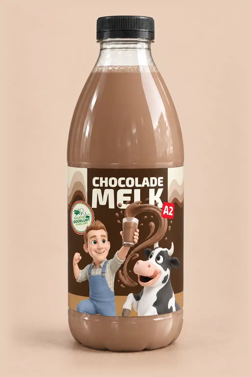 Fles chocolademelk van Boer Peter met bruin etiket.
