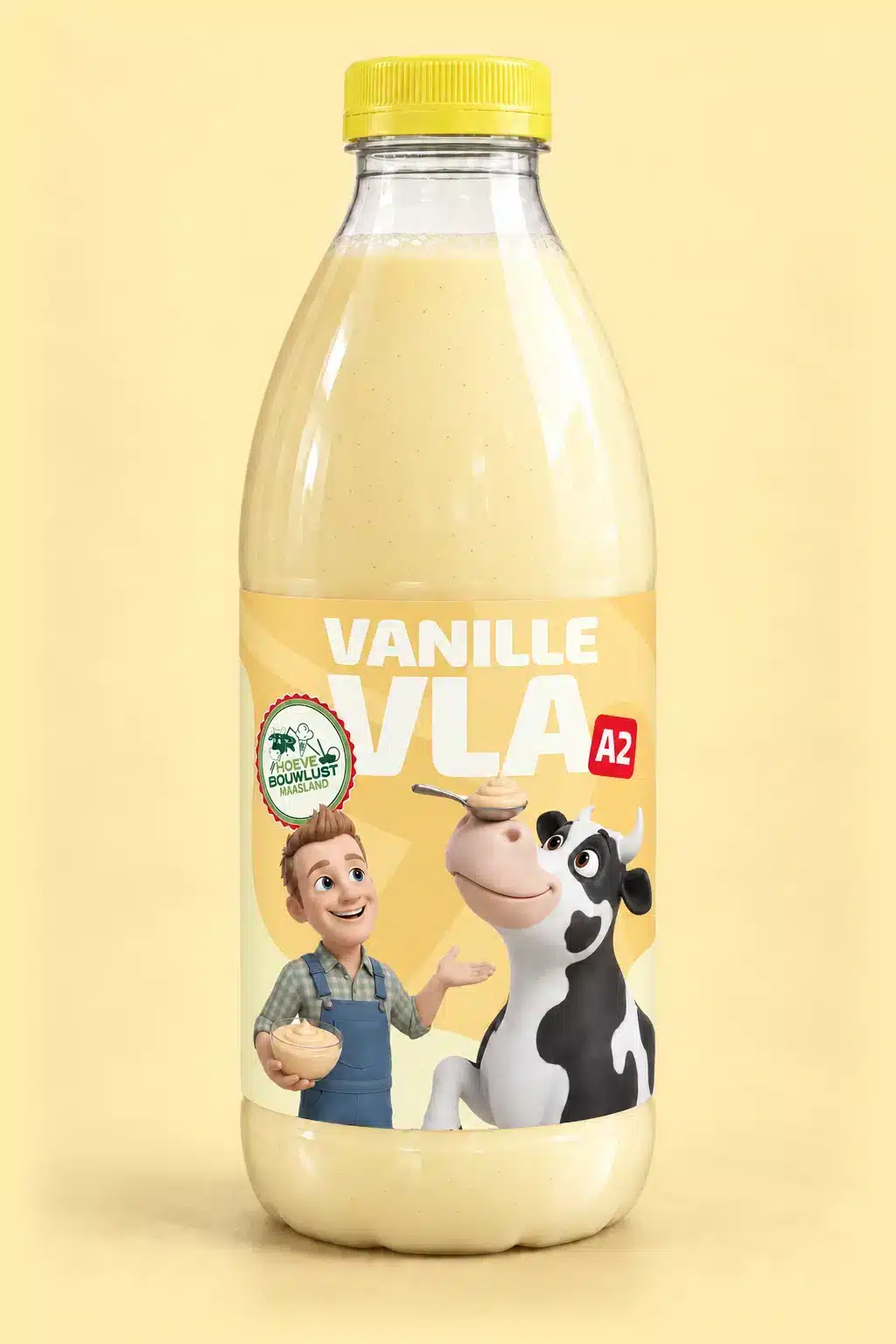 Fles vanillevla van Boer Peter met geel etiket.